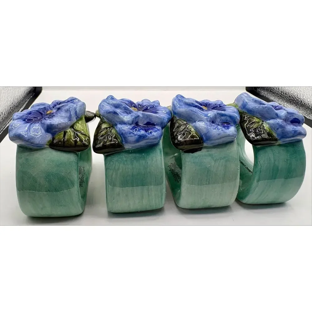 Vintage Pansy Napkin Rings By Kathy Hatch Set of 4 Ceramic/Porcelain 2003